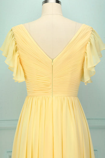 Gelbes V-Ausschnitt Langes Kleid