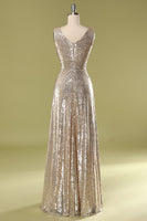 Laden Sie das Bild in den Galerie-Viewer, Lang Golden Pailletten Ball Brautjungfernkleid