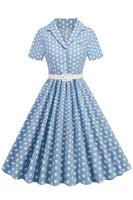 Laden Sie das Bild in den Galerie-Viewer, Hepburn Stil V Ausschnitt Blau Polka Dots 1950er Jahre Kleid