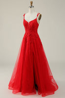 Laden Sie das Bild in den Galerie-Viewer, A-Linie Spaghettiträger dunkelgrünes langes Ballkleid mit Applikationen