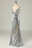 Laden Sie das Bild in den Galerie-Viewer, Meerjungfrau Spaghetti Träger Silber Pailletten Langes Ballkleid Rückenlos