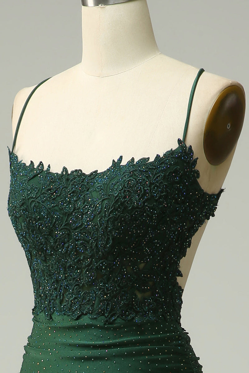 Laden Sie das Bild in den Galerie-Viewer, Meerjungfrau Neckholder Dunkelgrünes langes Ballkleid mit Applikationen