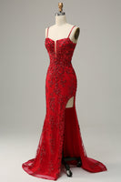 Laden Sie das Bild in den Galerie-Viewer, Meerjungfrau Spaghettiträger rote Pailletten langes Ballkleid mit Schlitz