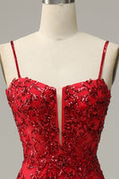 Laden Sie das Bild in den Galerie-Viewer, Meerjungfrau Spaghettiträger rote Pailletten langes Ballkleid mit Schlitz