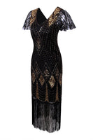 Laden Sie das Bild in den Galerie-Viewer, Schwarz und Gold Flapper 1920er Pailletten Kleid