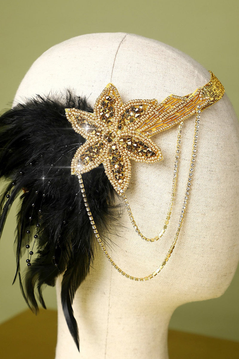Laden Sie das Bild in den Galerie-Viewer, 1920er Schwarz und Gold Feder Stirnband mit Strass