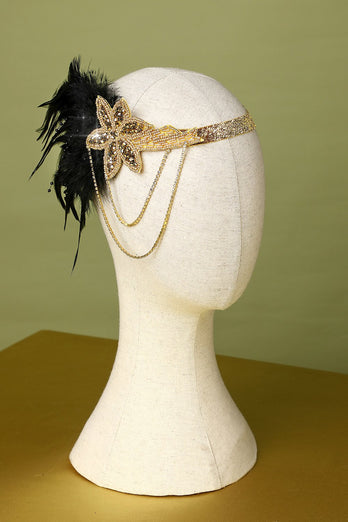 1920er Schwarz und Gold Feder Stirnband mit Strass