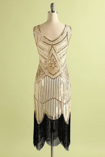 1920er Jahre Champagner Fransen Pailletten Kleid