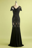 Laden Sie das Bild in den Galerie-Viewer, Schwarz 1920er Pailletten Flapper Langes Kleid