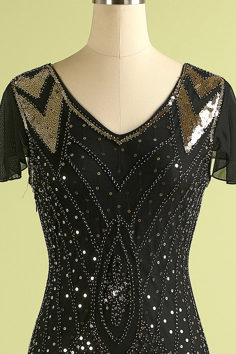 Laden Sie das Bild in den Galerie-Viewer, Schwarz 1920er Pailletten Flapper Langes Kleid
