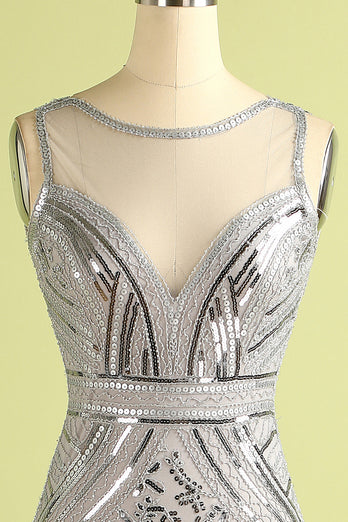 Silver Paillette Lang Tüll 1920er Kleid