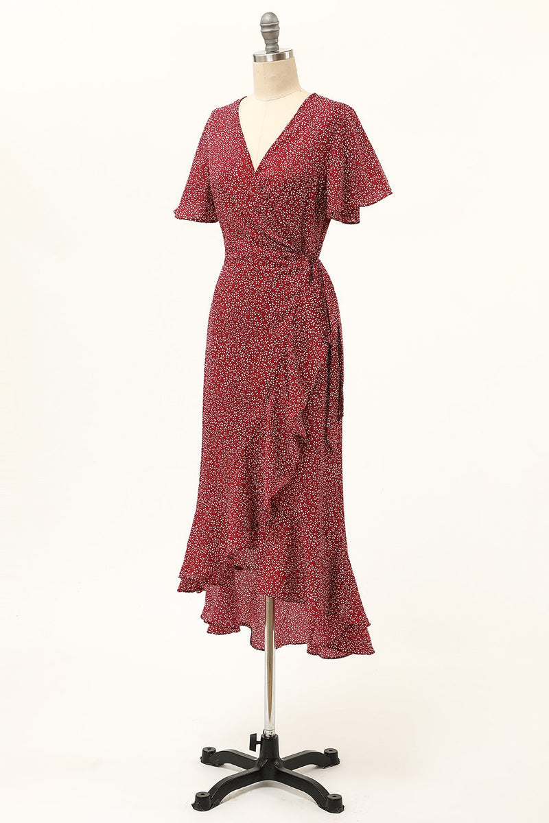 Laden Sie das Bild in den Galerie-Viewer, Sommer Burgundy Drucken Lässiges Kleid