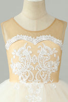 Laden Sie das Bild in den Galerie-Viewer, Champagner A Linie Tüll Blumenmädchen Kleid mit Schleife