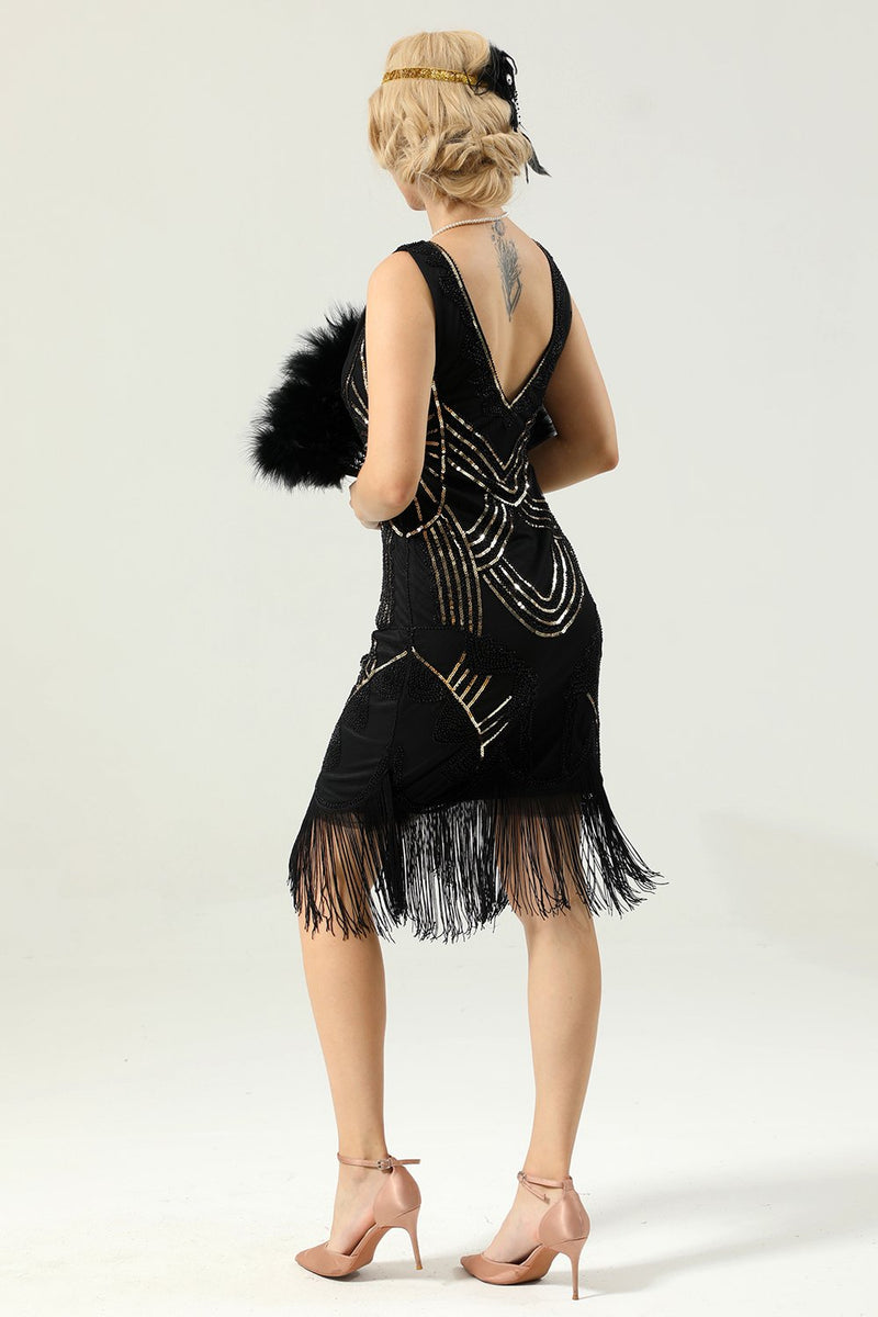 Laden Sie das Bild in den Galerie-Viewer, Schwarze Party Pailletten 1920er Jahre Kleid
