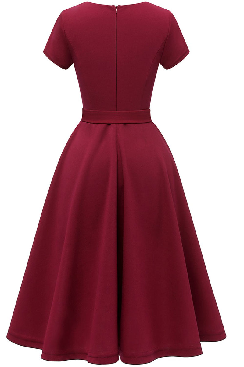 Laden Sie das Bild in den Galerie-Viewer, Burgundy Einfarbig 1950er Jahre Kleid