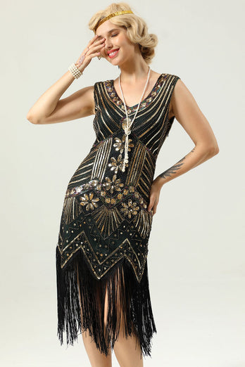 Schwarz und Gold Pailletten 1920er Jahre Kleid