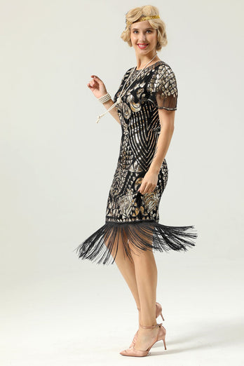 Schwarz und Gold Pailletten 20er Kleid mit Batwing Ärmeln