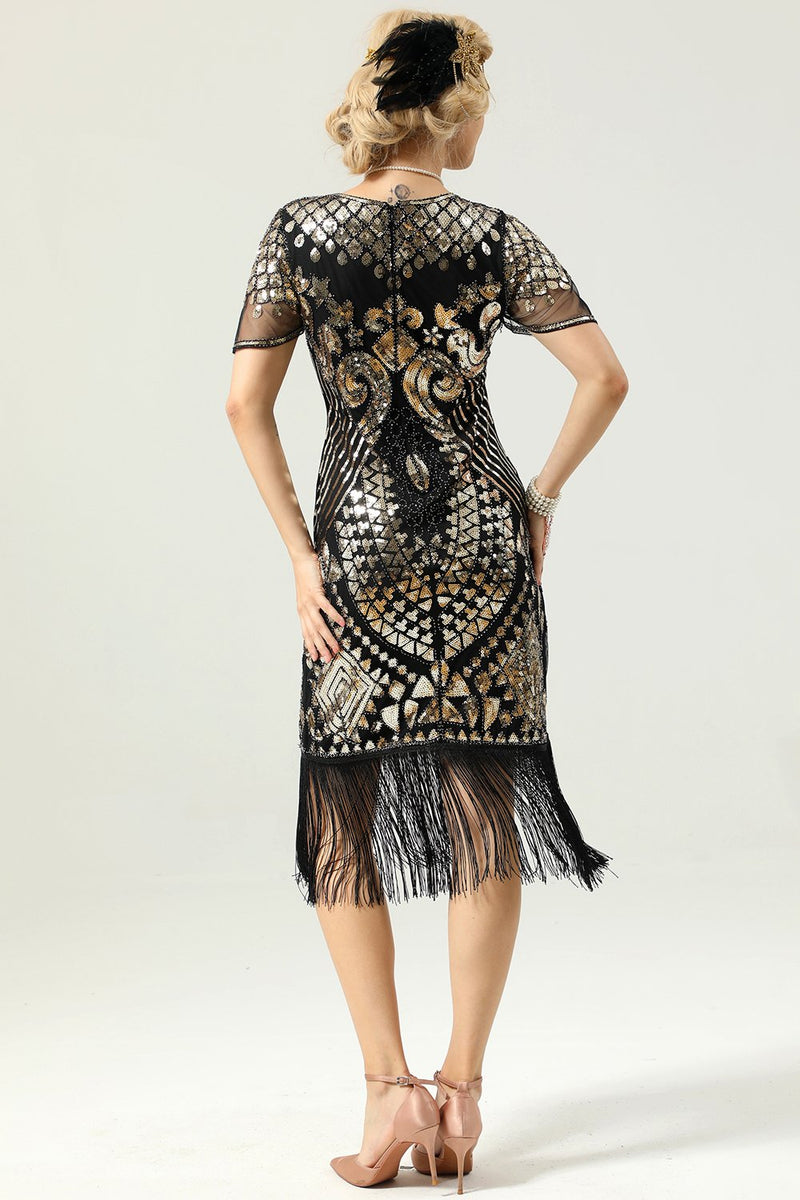 Laden Sie das Bild in den Galerie-Viewer, Schwarz und Gold Pailletten 20er Kleid mit Batwing Ärmeln