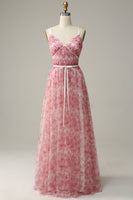 Laden Sie das Bild in den Galerie-Viewer, A-Linie Blaues bedrucktes langes Tüll Brautjungfernkleid