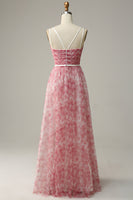 Laden Sie das Bild in den Galerie-Viewer, A-Linie Blaues bedrucktes langes Tüll Brautjungfernkleid