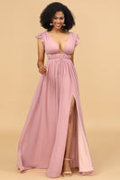 Laden Sie das Bild in den Galerie-Viewer, Blush V-Ausschnitt Langes Chiffon Brautjungfer Kleid