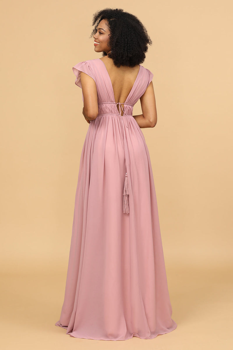 Laden Sie das Bild in den Galerie-Viewer, Blush V-Ausschnitt Langes Chiffon Brautjungfer Kleid