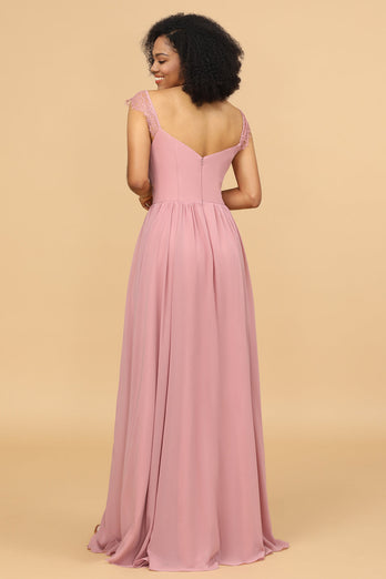 Blush Langes Chiffon Brautjungfer Kleid mit Spitze