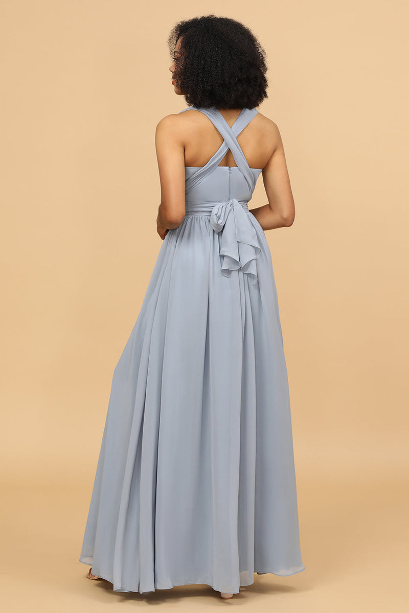 Laden Sie das Bild in den Galerie-Viewer, Graublau Cabrio Langes Chiffon Brautjungfer Kleid