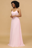 Laden Sie das Bild in den Galerie-Viewer, Spaghetti Träger Chiffon Rosa Brautjungfer Kleid