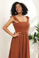 Laden Sie das Bild in den Galerie-Viewer, Terrakotta Chiffon A-Linie Bodenlänge Brautjungfernkleid mit Rüschen