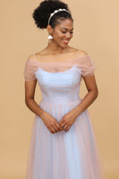 Laden Sie das Bild in den Galerie-Viewer, Eine Linie Spaghettiträger Rosa &amp; Blau Tüll Langes Brautjungfer Kleid