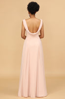Laden Sie das Bild in den Galerie-Viewer, A-Linie V Ausschnitt Blush Chiffon Langes Brautjungfer Kleid