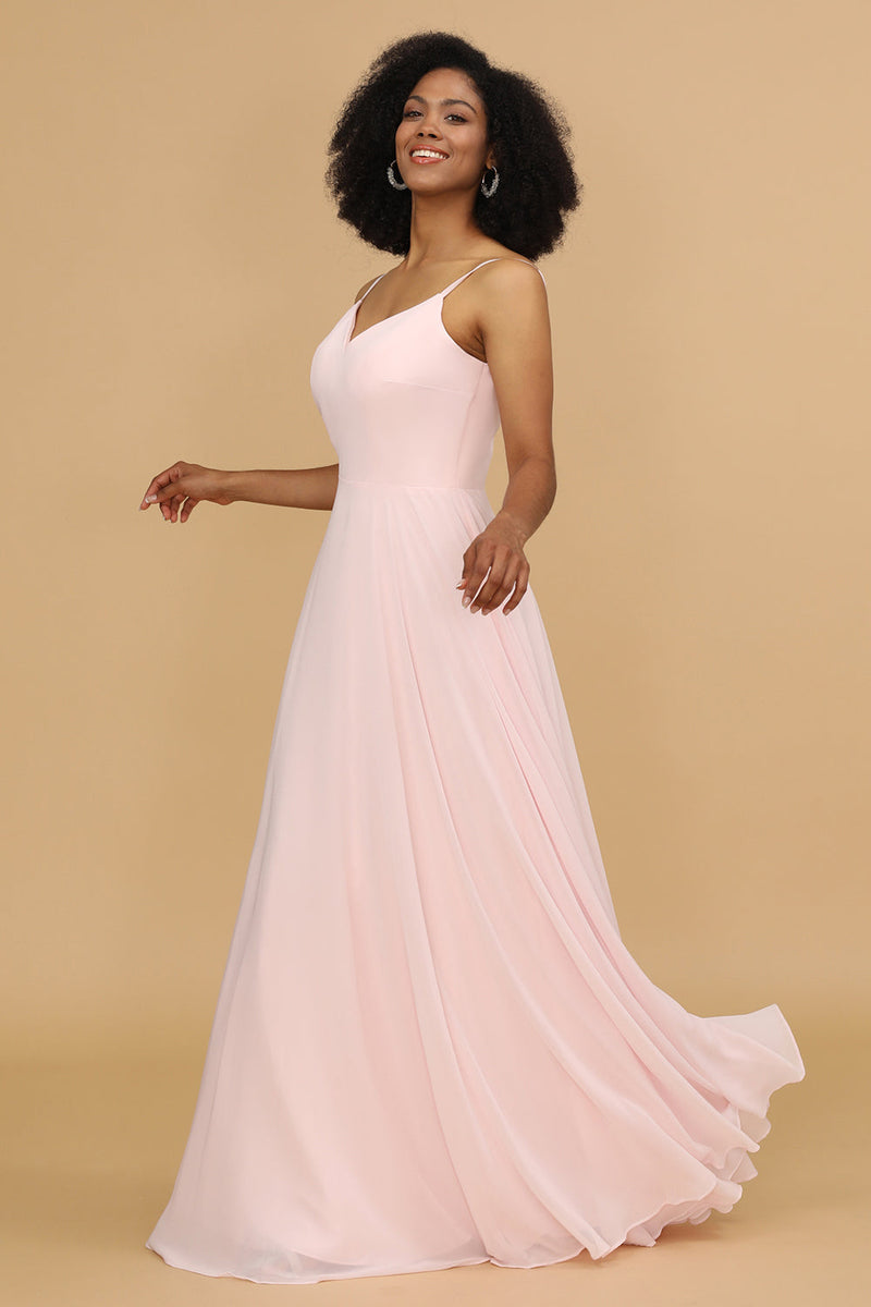Laden Sie das Bild in den Galerie-Viewer, A-Linie Spaghetti Träger Pink Chiffon Langes Brautjungfer Kleid