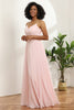 Laden Sie das Bild in den Galerie-Viewer, A-Linie Spaghetti Träger Pink Chiffon Langes Brautjungfer Kleid