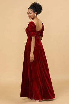Rotes Samt Halbärmel Brautjungfernkleid mit Schlitz