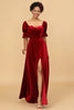Laden Sie das Bild in den Galerie-Viewer, Rotes Samt Halbärmel Brautjungfernkleid mit Schlitz