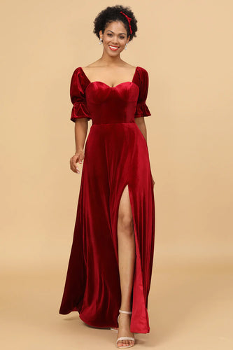 Rotes Samt Halbärmel Brautjungfernkleid mit Schlitz