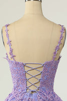 Laden Sie das Bild in den Galerie-Viewer, A Linie Spaghetti Träger Lila Kurzes Abiballkleid