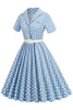 Laden Sie das Bild in den Galerie-Viewer, Hepburn Stil V Ausschnitt Blau Polka Dots 1950er Jahre Kleid