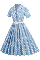 Laden Sie das Bild in den Galerie-Viewer, Hepburn Stil V Ausschnitt Blau Polka Dots 1950er Jahre Kleid