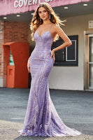 Laden Sie das Bild in den Galerie-Viewer, Flieder glitzerndes Meerjungfrauen Ballkleid mit Perlen