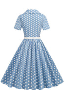 Laden Sie das Bild in den Galerie-Viewer, Hepburn Stil V Ausschnitt Blau Polka Dots 1950er Jahre Kleid