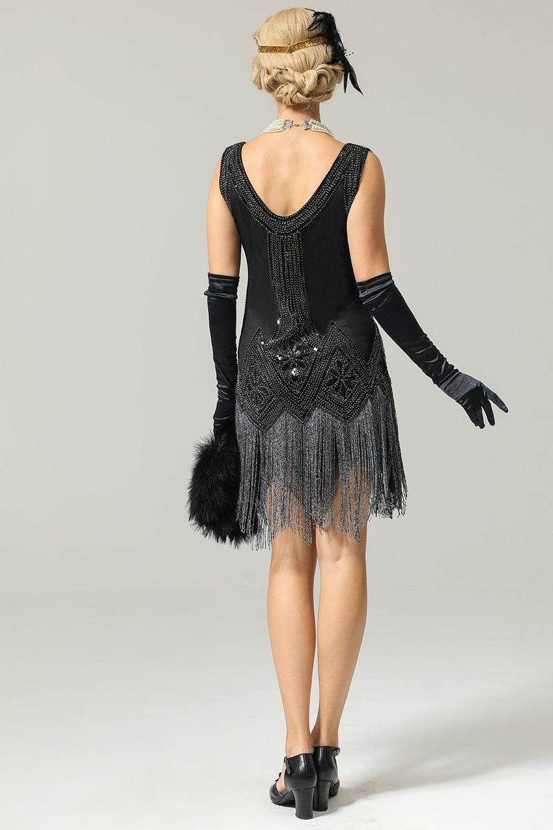 Laden Sie das Bild in den Galerie-Viewer, Schwarzes 1920er Jahre Pailletten Charleston Kleid