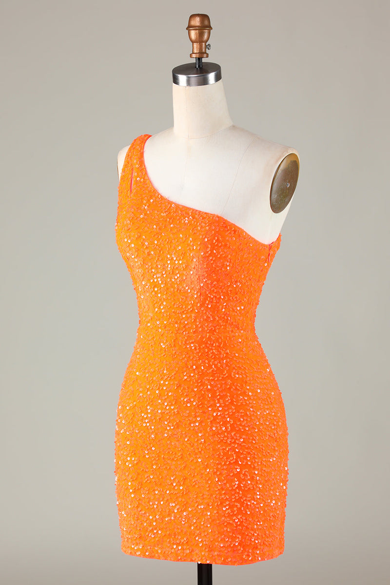 Laden Sie das Bild in den Galerie-Viewer, Pailletten Eine Schulter Orange Enge Perlen Kurzes Abiballkleid