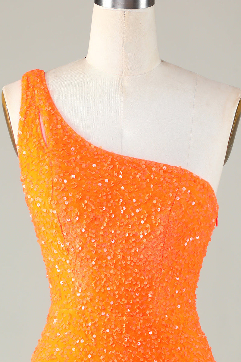 Laden Sie das Bild in den Galerie-Viewer, Pailletten Eine Schulter Orange Enge Perlen Kurzes Abiballkleid