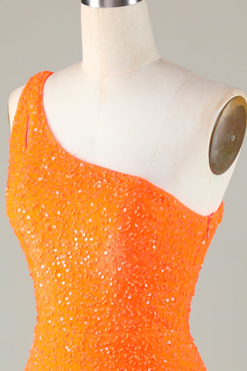 Pailletten Eine Schulter Orange Enge Perlen Kurzes Abiballkleid