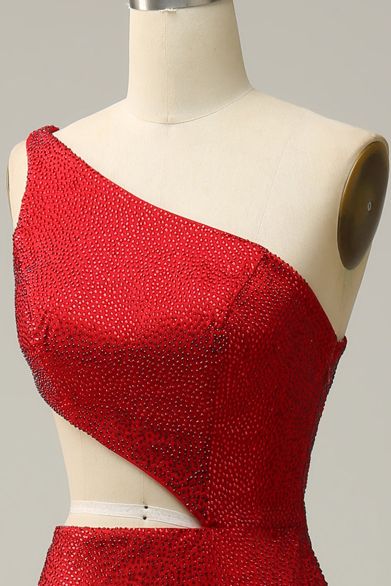 Laden Sie das Bild in den Galerie-Viewer, Meerjungfrau Eine Schulter Rot Ausgeschnitten Ballkleid mit Perlstickerei