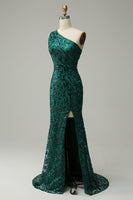 Laden Sie das Bild in den Galerie-Viewer, Meerjungfrau Eine Schulter Dunkelgrün Pailletten Langes Ballkleid mit Schlitz