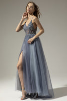 Laden Sie das Bild in den Galerie-Viewer, V-Ausschnitt Langes Ballkleid mit Schlitz