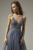 Laden Sie das Bild in den Galerie-Viewer, V-Ausschnitt Langes Ballkleid mit Schlitz